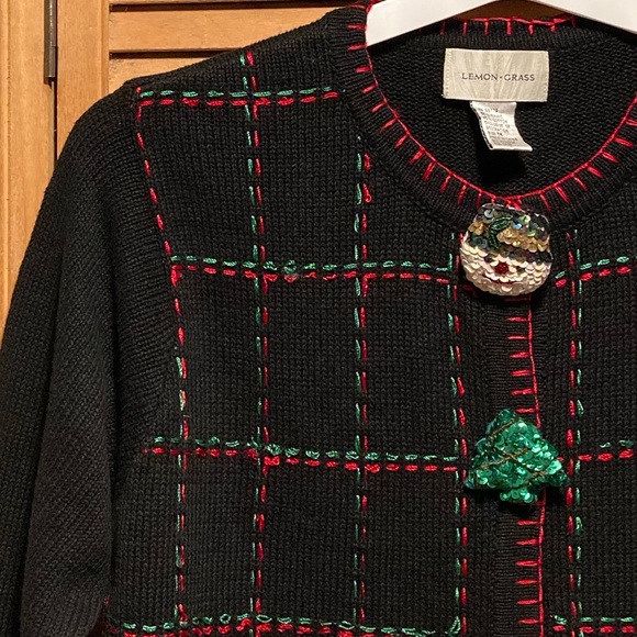 Vintage Lemon Grass Christmas Cardigan with Embellished Sequin Snowman & Santa - Picture 5 of 16